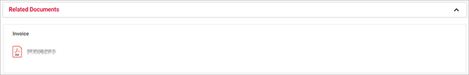 Screenshot of the webpage's 'Related Documents' section showing an invoice entry with a PDF icon, indicating an option to download the invoice document securely and conveniently.