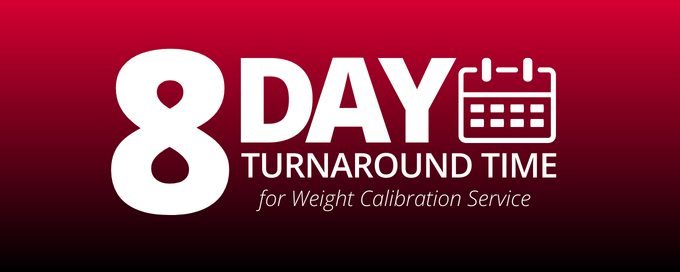 Image showing a large '8 day' text accompanied by a calendar icon, with smaller text below stating 'turnaround time for weight calibration service', indicating an 8-day turnaround time for the service