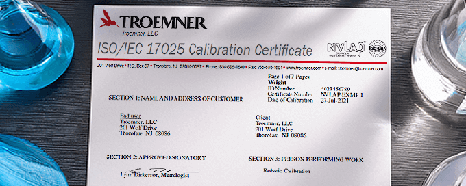Troemner ISO/IEC 17025 Accredited Weight Calibration Certificate Option (NVLAP Laboratory Code 105013-0)